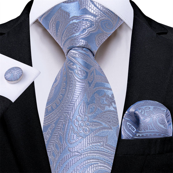 Ties2you Mens Tie Light Grey Blue Paisley Necktie Pocket Square Cufflinks Set