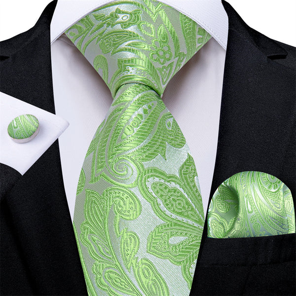 Ties2you Mens Tie Light Green Paisley Necktie Pocket Square Cufflinks Set