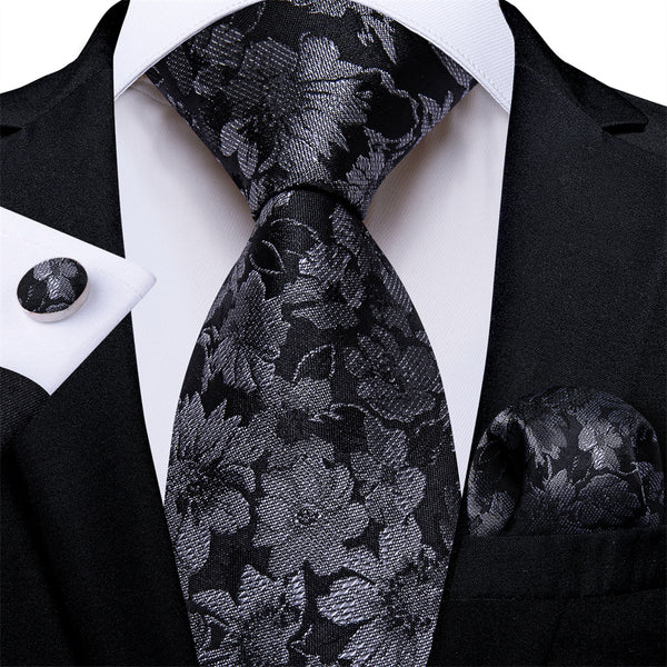 Ties2you Mens Tie Black Floral Necktie Pocket Square Cufflinks Set