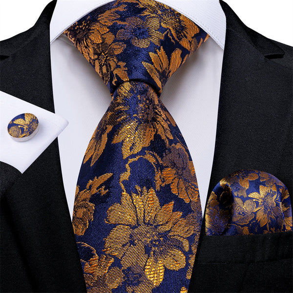 Ties2you Mens Tie Blue Gold Floral Mens Necktie Set Pocket Square Cufflinks Set