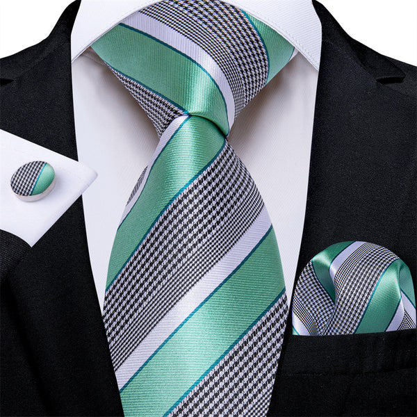 Ties2you Green White Striped Houndstooth Men's Tie Pocket Square Cufflinks Set