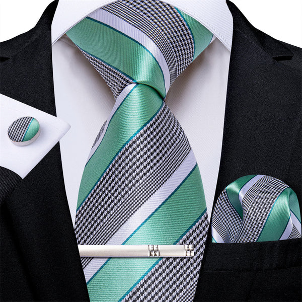 Ties2you Green White Striped Houndstooth Men's Tie Hanky Cufflinks Tie Clip Set