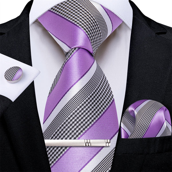 Ties2you Purple White Striped Houndstooth Necktie Hanky Cufflinks Tie Clip Set