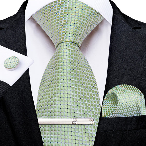 Ties2you Necktie Green Geometric Men's Tie Pocket Square Cufflinks Tie Clip Set