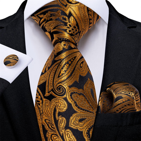 Ties2you Mens Tie Black Gold Paisley Necktie Pocket Square Cufflinks Set