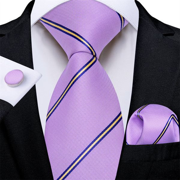 Ties2you Purple Tie With Blue Yellow Line Striped Necktie Pocket Square Cufflinks Set