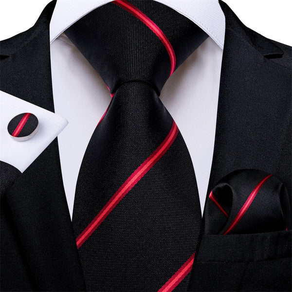 Ties2you Mens Tie Black Red Striped Necktie Pocket Square Cufflinks Set