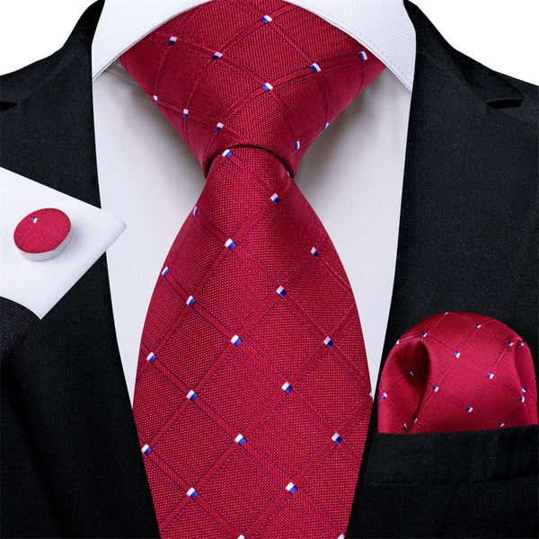 Ties2you Necktie Red Plaid Men's Tie Pocket Square Cufflinks Set