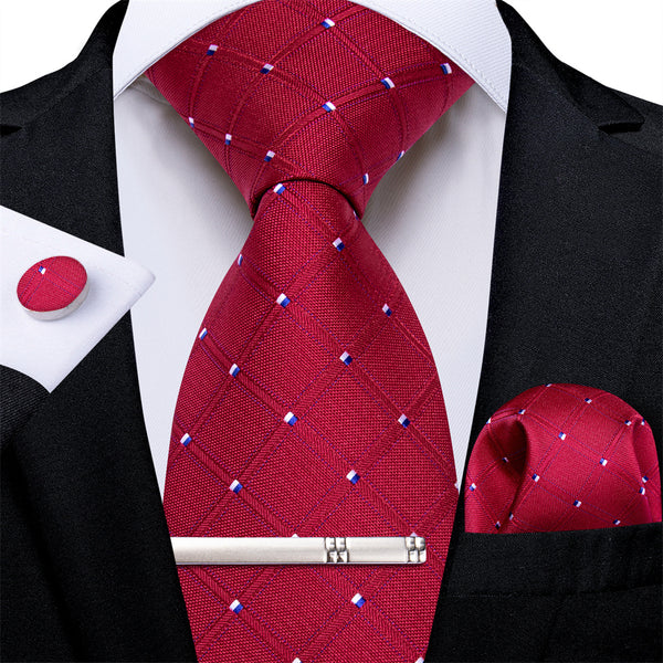 Ties2you Red Plaid Men's Tie Pocket Square Cufflinks Tie Clip Set