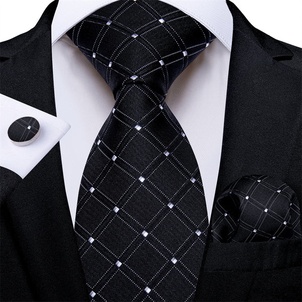 Ties2you Necktie Black Plaid Men's Tie Pocket Square Cufflinks Set