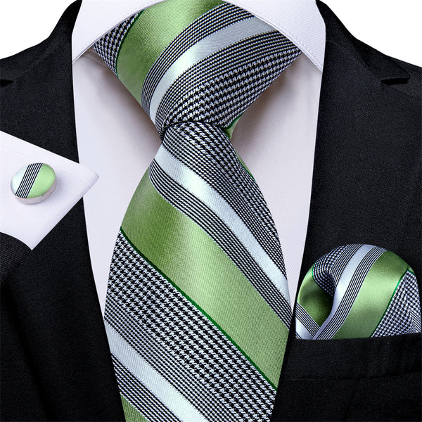 Ties2you Green Silver Striped Houndstooth Men's Tie Pocket Square Cufflinks Set