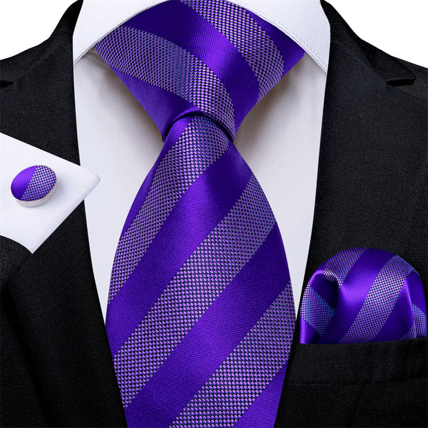 Ties2you Dark Purple Striped Men's Tie Pocket Square Cufflinks Set
