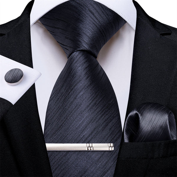 Ties2you Black Fine Striped Men's Tie Hanky Cufflinks Tie Clip Set