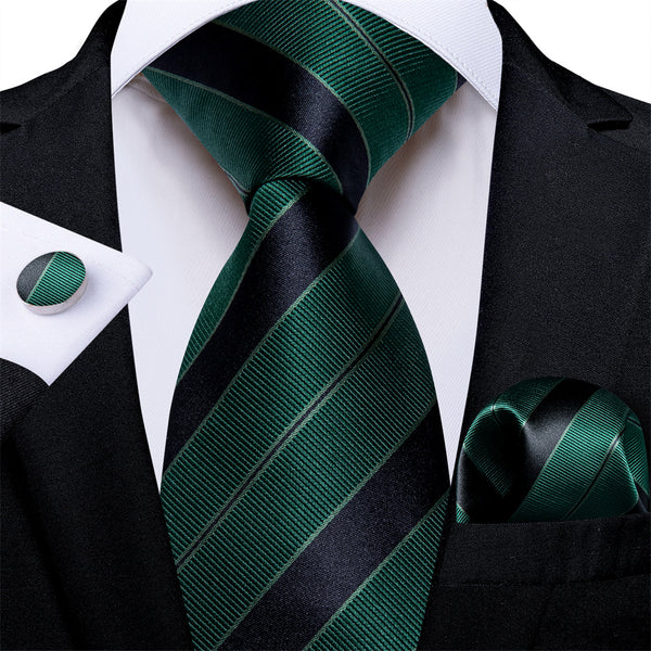 Ties2you Hunter Green Tie Black Line Striped Men's Tie Hanky Cufflinks Set
