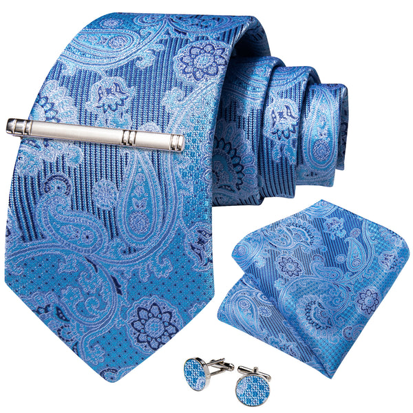 Blue Floral Silk Men's Necktie Pocket Square Cufflinks Set with Clip