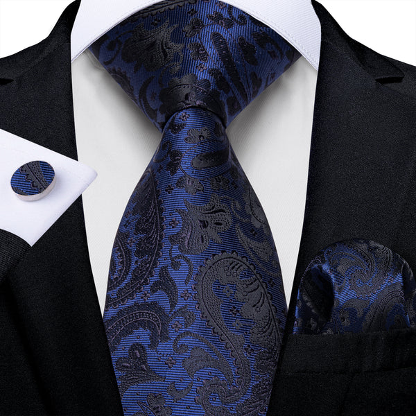 Navy Blue Black Paisley Men's Necktie Pocket Square Cufflinks Set
