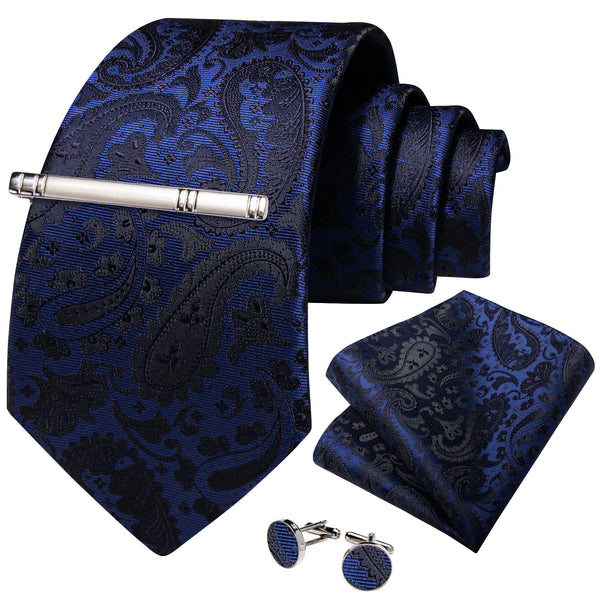 Navy Blue Black Paisley Silk Men's Necktie Pocket Square Cufflinks Set with Clip