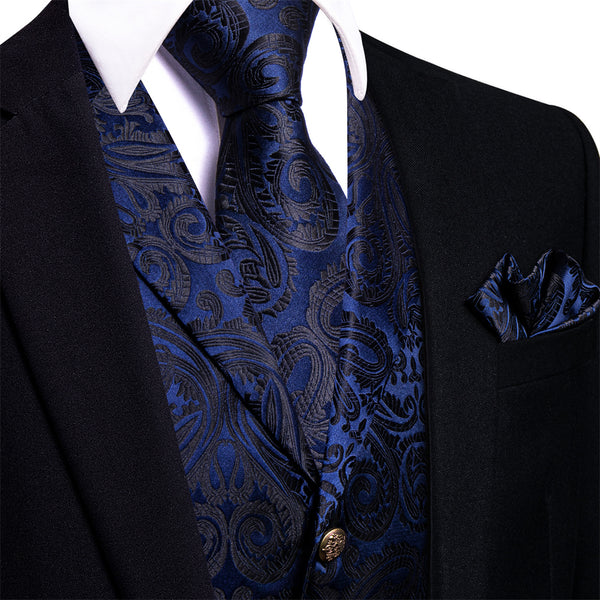 Ties2you Dress Vest Dark Blue Paisley Collar Silk Mens Waistcoat Tie Set
