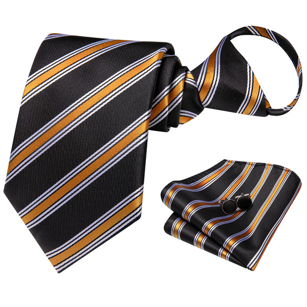 Ties2you Black Gold Striped Lazy Mens Business Easy-pull Silk Tie Pocket Square Cufflinks Set