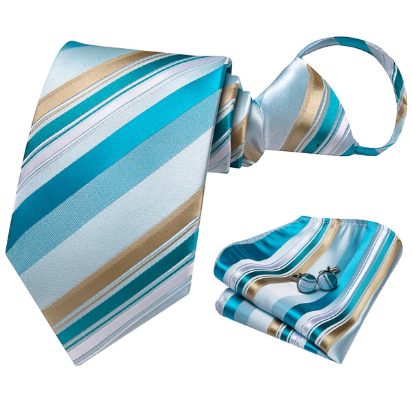Ties2you Blue Champagne Striped Lazy Men's Easy-pull Silk Tie Pocket Square Cufflinks Set