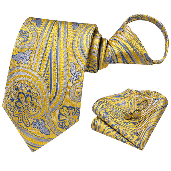Ties2you Yellow Blue Floral Lazy Men's Easy-pull Silk Tie Pocket Square Cufflinks Set