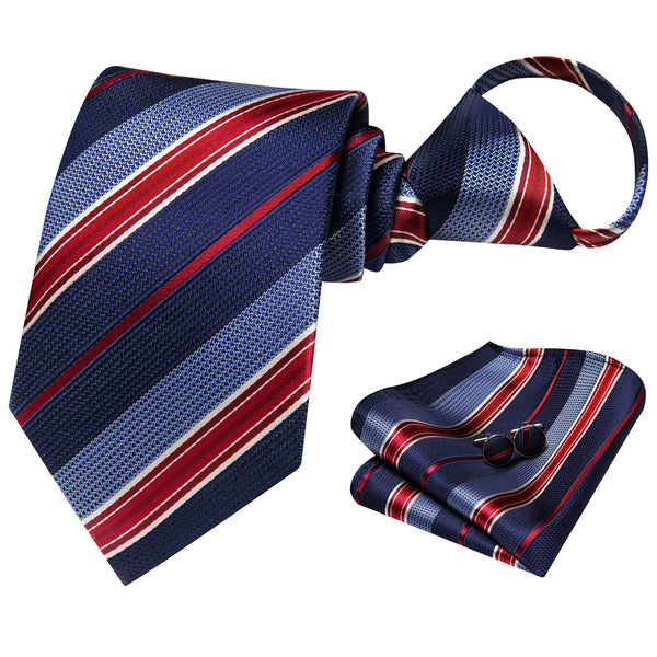 Ties2you Blue Red Striped Lazy Men's Business Easy-pull Silk Tie Pocket Square Cufflinks Set
