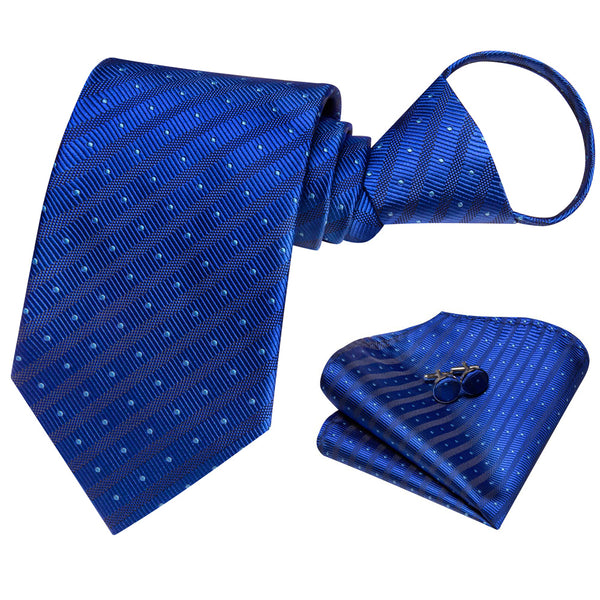 Ties2you Deep Blue Striped Lazy Men's Business Easy-pull Silk Tie Pocket Square Cufflinks Set