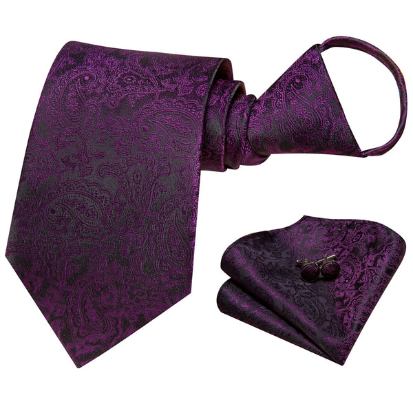 Ties2you Black Purple Paisley Lazy Men's Easy-pull Silk Tie Pocket Square Cufflinks Set