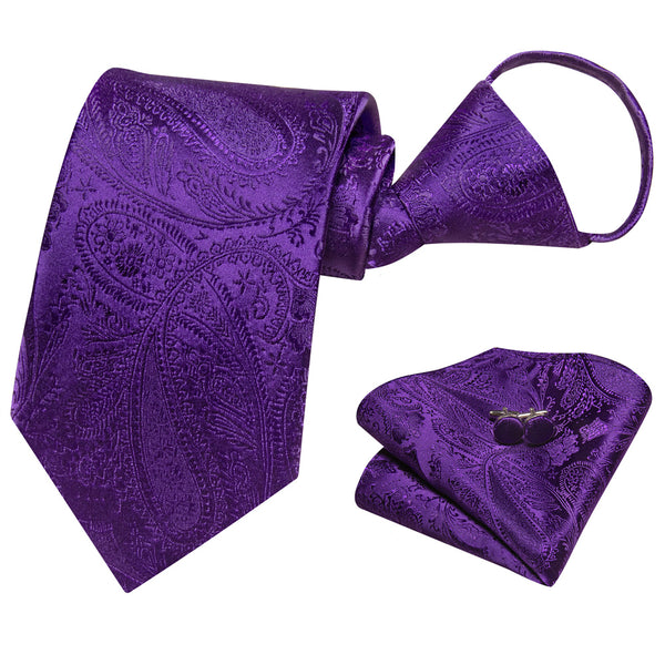 Ties2you Purple Paisley Tie Lazy Men's Easy-pull Tie Pocket Square Cufflinks Set