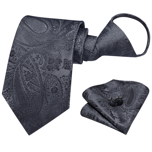 Ties2you Charcoal Grey Paisley Lazy Mens Business Easy-pull Silk Tie Pocket Square Cufflinks Set