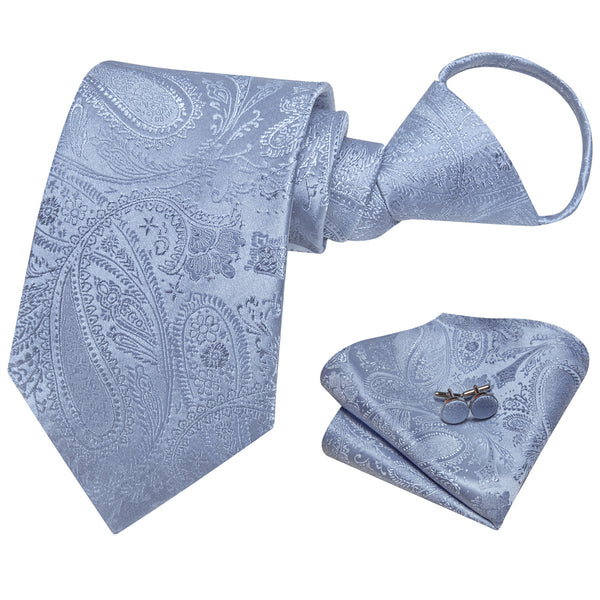 Ties2you Light Blue Paisley Lazy Men's Easy-pull Silk Tie Pocket Square Cufflinks Set