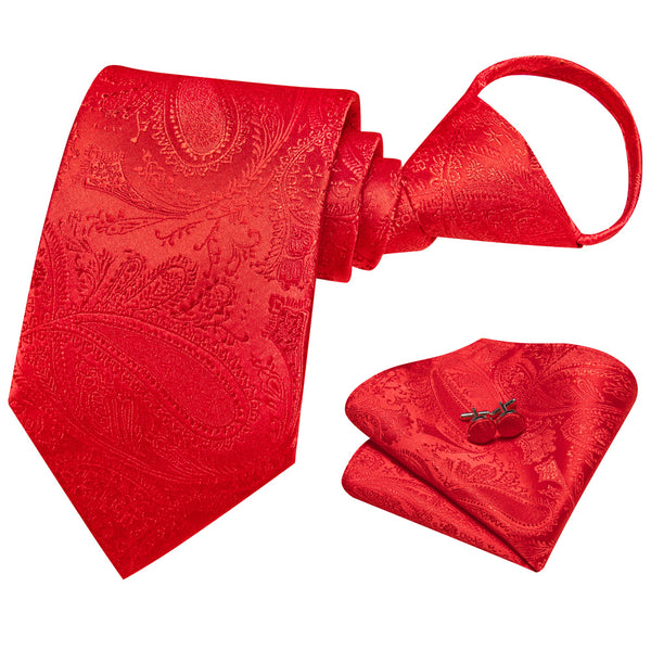 Ties2you Red Paisley Lazy Men's Easy-pull Silk Tie Pocket Square Cufflinks Set