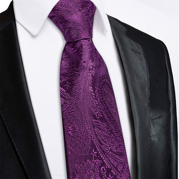 Ties2you Deep Purple Paisley Lazy Mens Business Easy-pull Silk Tie Pocket Square Cufflinks Set