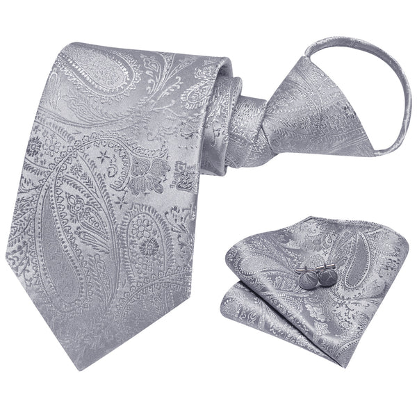 Ties2you Silver Paisley Lazy Men's Easy-pull Silk Tie Pocket Square Cufflinks Set