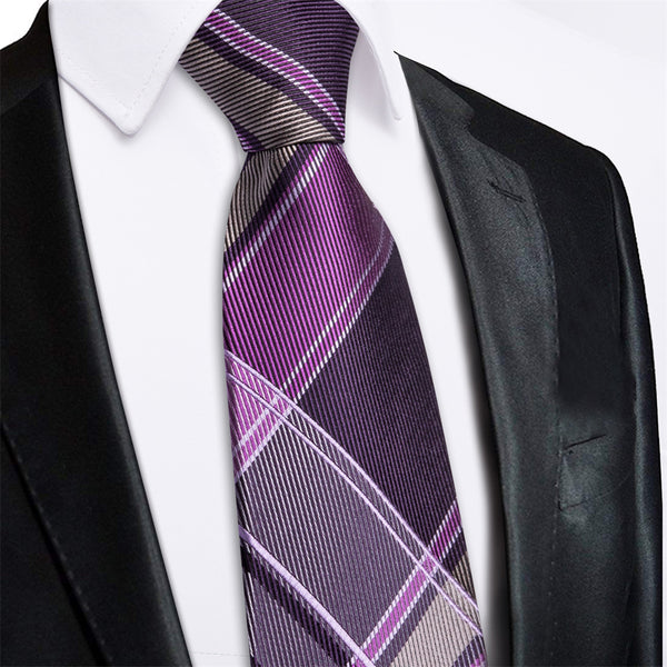 Ties2you Purple Grey Plaid Lazy Mens Easy-pull Silk Tie Pocket Square Cufflinks Set