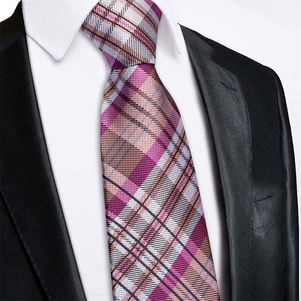 Ties2you Pink Plaid Lazy Mens Easy-pull Silk Tie Pocket Square Cufflinks Set