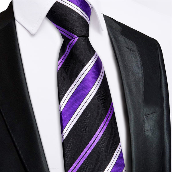 Ties2you Black Purple Striped Lazy Mens Business Easy-pull Silk Tie Pocket Square Cufflinks Set