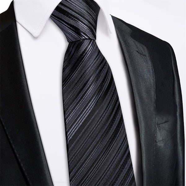 Ties2you Black Striped Lazy Mens Business Easy-pull Silk Tie Pocket Square Cufflinks Set