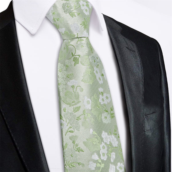 Ties2you Light Sage Green Floral Lazy Mens Easy-pull Silk Tie Pocket Square Cufflinks Set