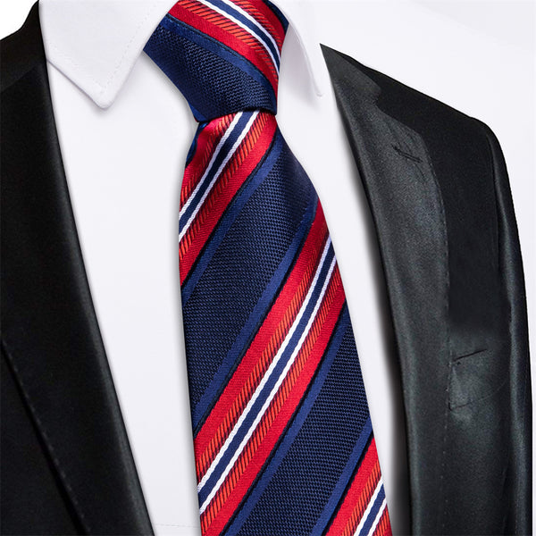 Ties2you Blue Red Two-LinksStriped Lazy Mens Business Easy-pull Tie Pocket Square Cufflinks Set