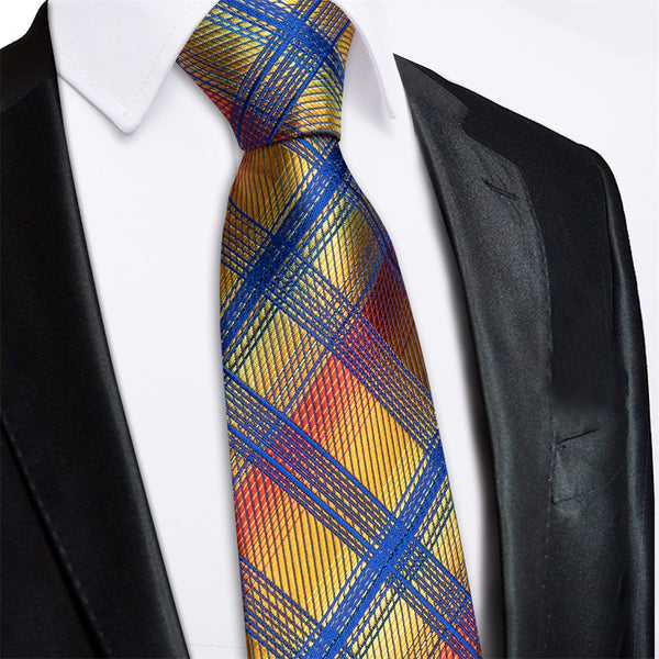 Ties2you Yellow Blue Plaid Lazy Mens Easy-pull Silk Tie Pocket Square Cufflinks Set