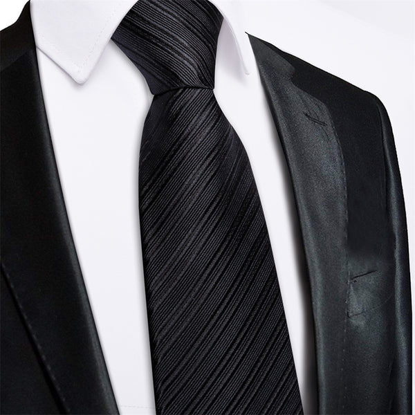 Ties2you Black Silver Striped Lazy Mens Business Easy-pull Silk Tie Pocket Square Cufflinks Set