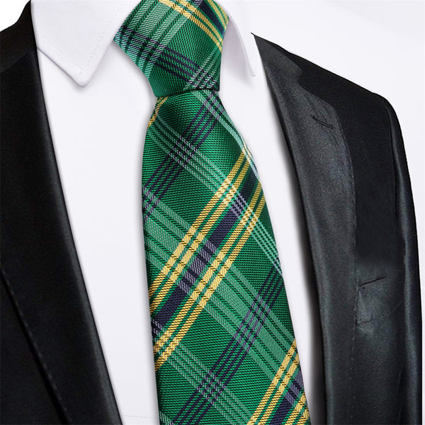 Ties2you Green Yellow Plaid Lazy Mens Easy-pull Silk Tie Pocket Square Cufflinks Set