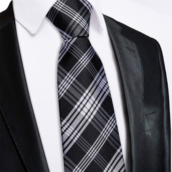 Ties2you Black White Plaid Lazy Mens Business Easy-pull Silk Tie Pocket Square Cufflinks Set