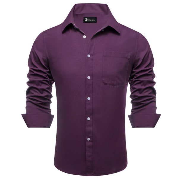 Ties2you Dress Shirt Dark Purple Solid Button Up Silk Long Sleeve Men's Shirt
