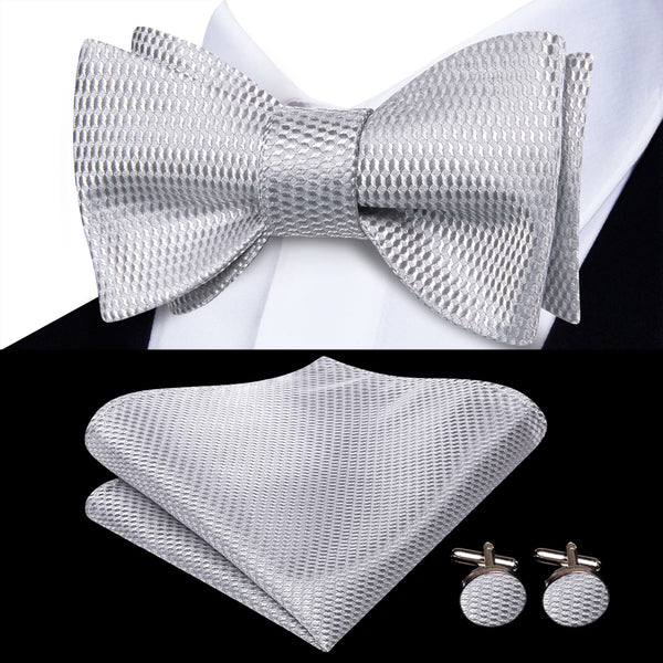 Cloud Grey Geometric Silk Formal mens bow ties pocket square cufflinks set