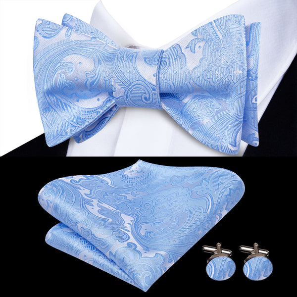 new arrival mens silk floral Arctic Blue bowtie pocket square cufflinks set