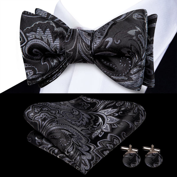 business office black silver floral mens silk self tie bow tie pocket square cufflinks set