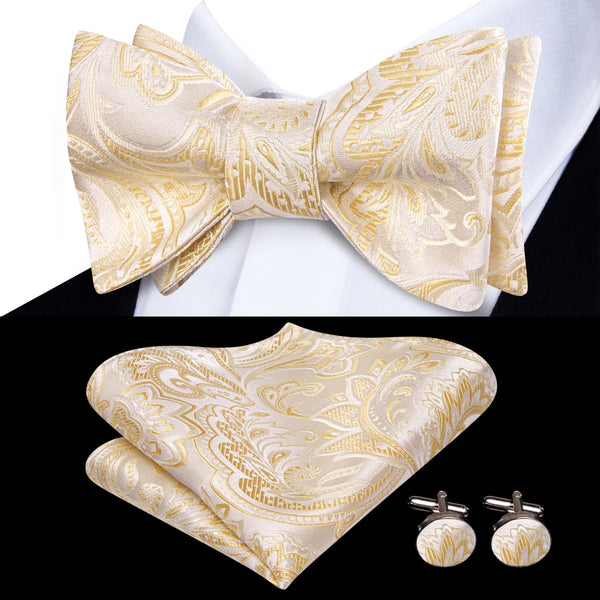 fashion wedding design silk mens floral Champagne white bow tie handkerchief cufflinks set