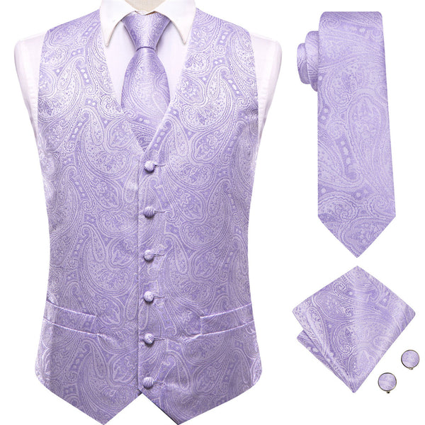 Ties2you Light Purple Paisley Pattern V-Neck Silk Vest Necktie Set